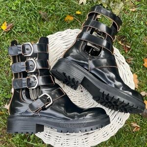 Zara Real Leather Black Multi-Buckle cage Combat Boots Motorcycle punk strap 37